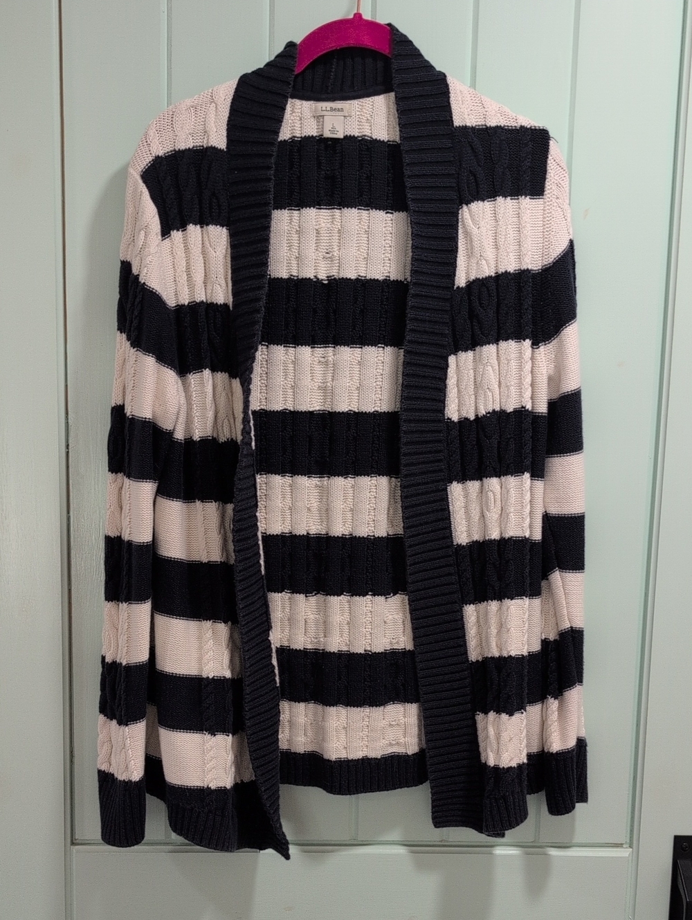 L.L.Bean Navy and Cream Ribbed Cable Knit Cardigan Size L Cotton